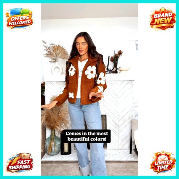 Oversized Sherpa Fleece Jacket Floral Print Zipper Cropped Coat Casual Long - Picture 7 of 7